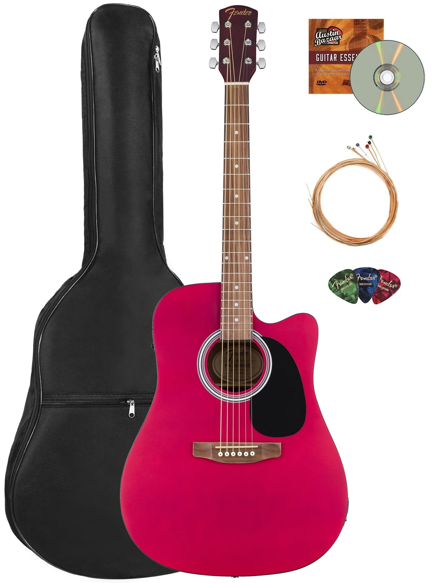 Fender FA Series Dreadnought Acoustic-Electric Guitar - Crimson Red Bundle with Gig Bag, Strings, Picks, and Austin Bazaar Instr