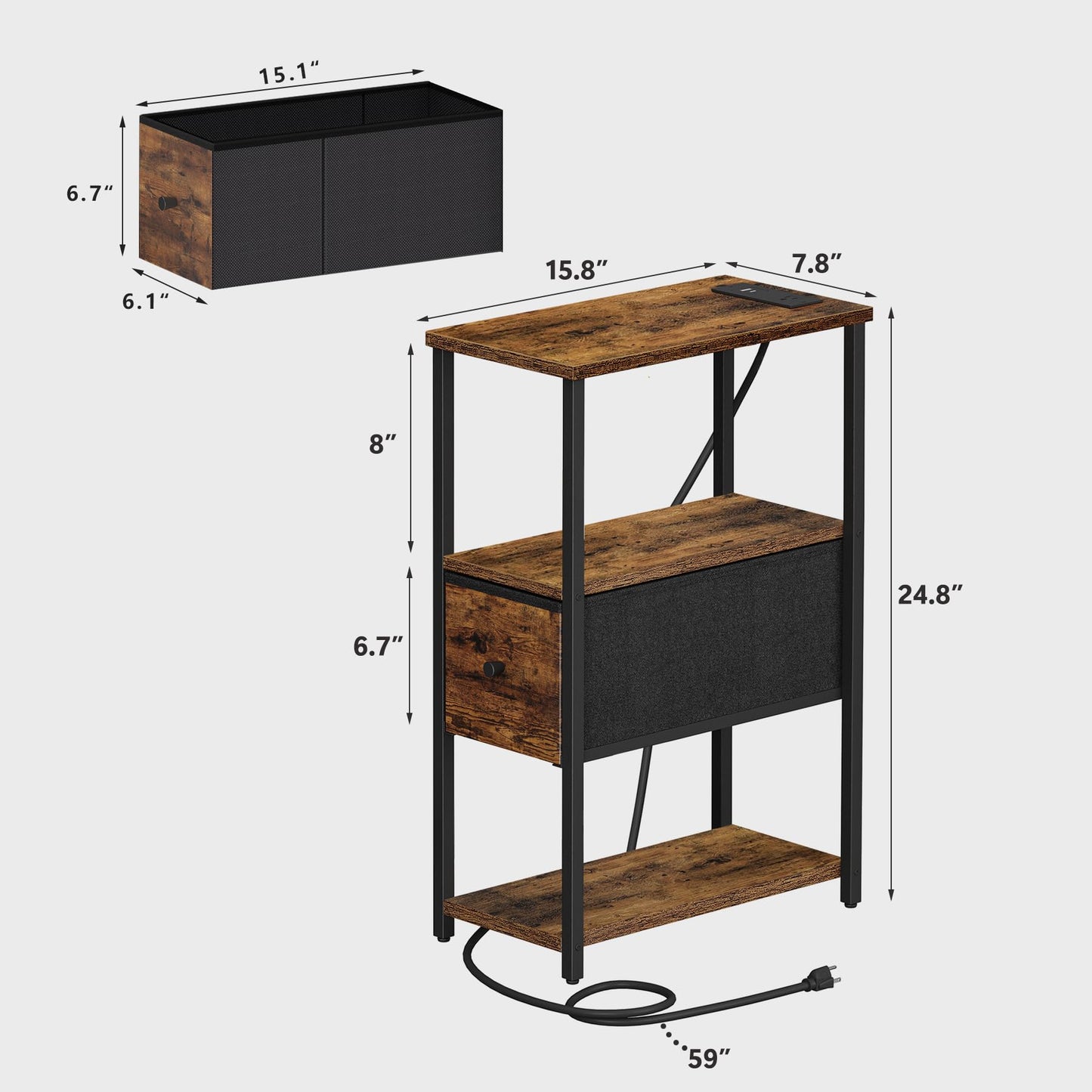 TUTOTAK Set of 2 Small Narrow End Table with Charging Station, Side Table with Outlets, Nightstand with Cloth Drawer, Couch Table, for Living Room, Bedroom, Bedside, Brown TB01BB058