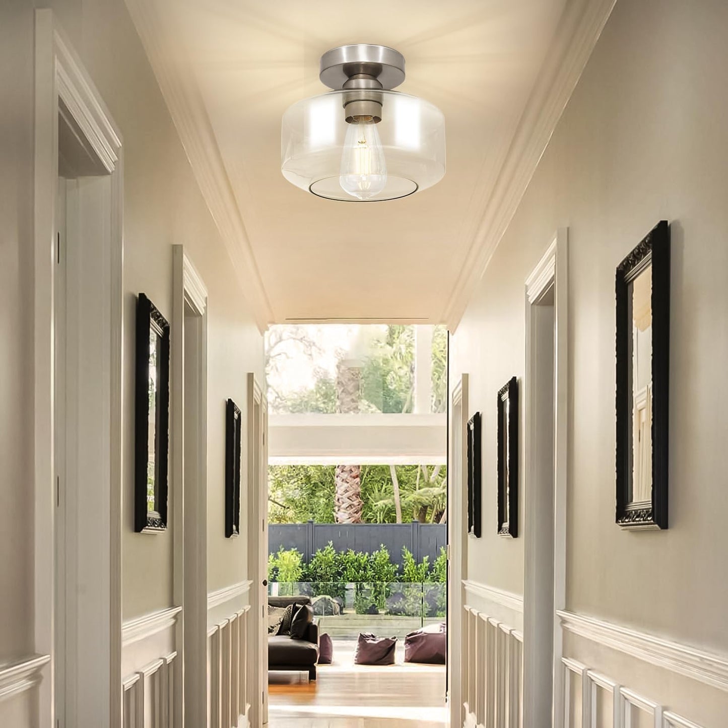 Industrial Semi Flush Mount Ceiling Light: Brush Nickel Kitchen Lighting Fixtures Ceiling with Clear Glass - Vintage Hallway Light Fixtures E26 Bulb Included - 8.46” Light Fixtures Ceiling Mount