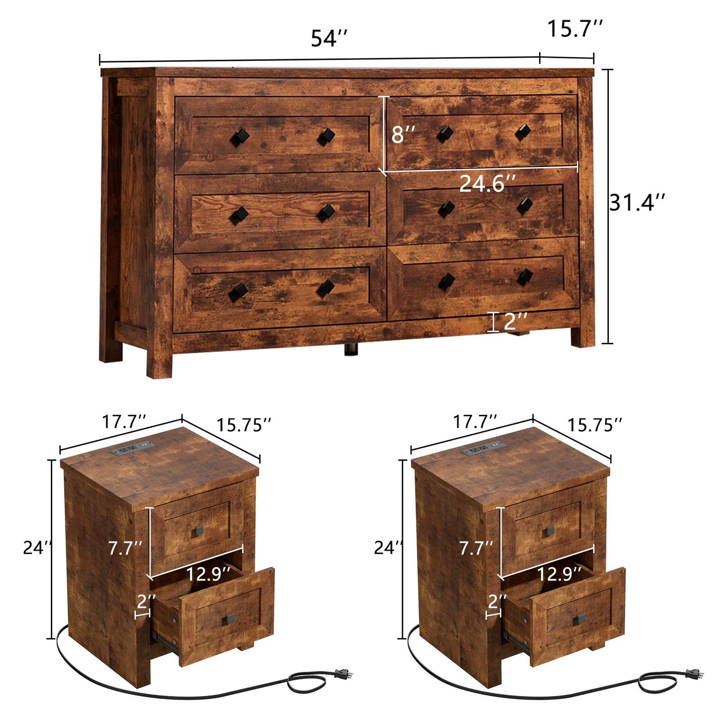 LUXOAK Bedroom Dresser and Nightstand 3 Piece Set, 1 X Wood Rustic 6 Drawer Storage Dresser, Nightstand Set of 2 with Charging Station, Farmhouse Bedroom Furniture Set, Rustic Brown