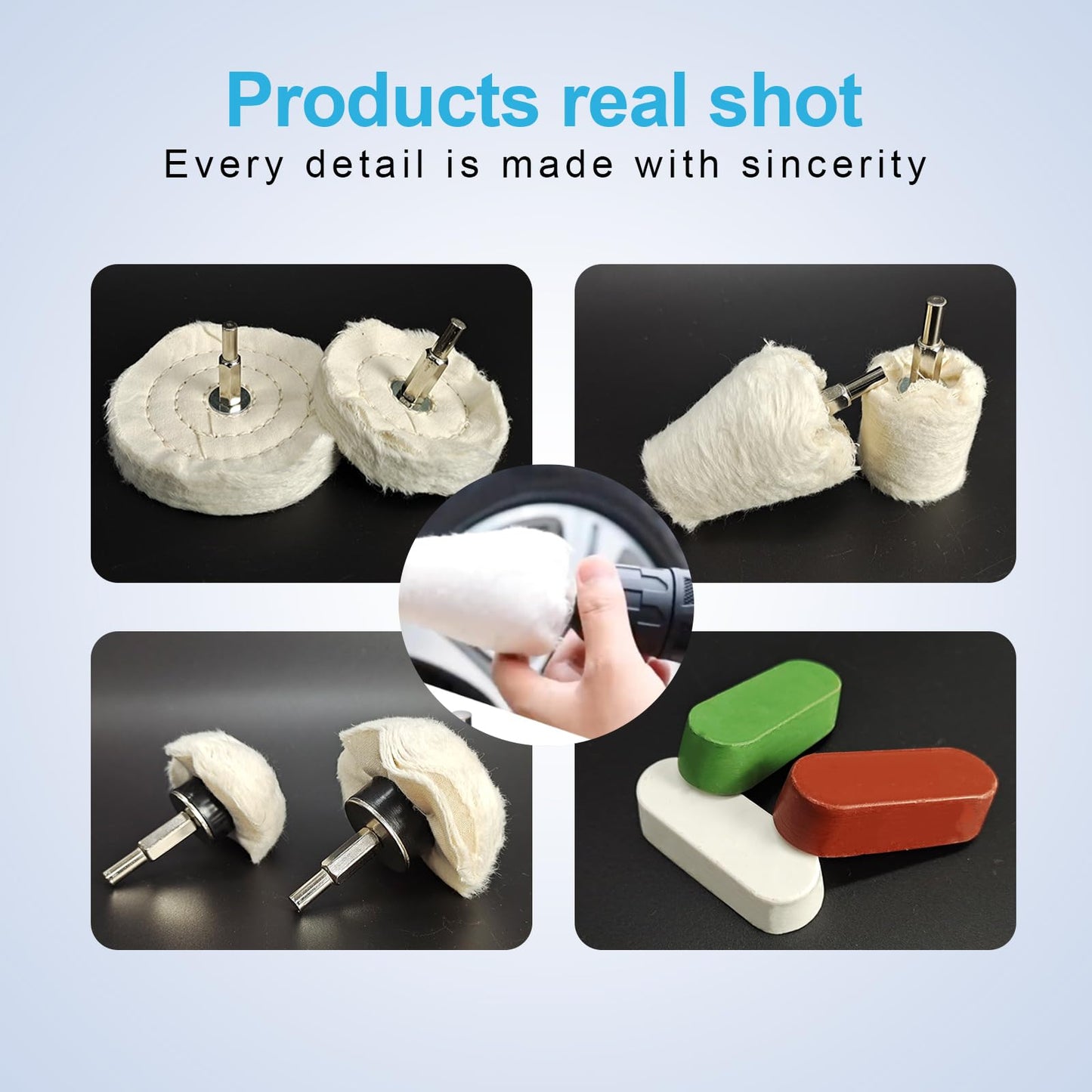 Neeki 6 Drill Buffing Wheels and 3 Polishing Compounds, Multi-Specification Wheel Kit for Metal, Stainless Steel, Jewelry, Wood, Ceramic, Glass, and Other Surfaces