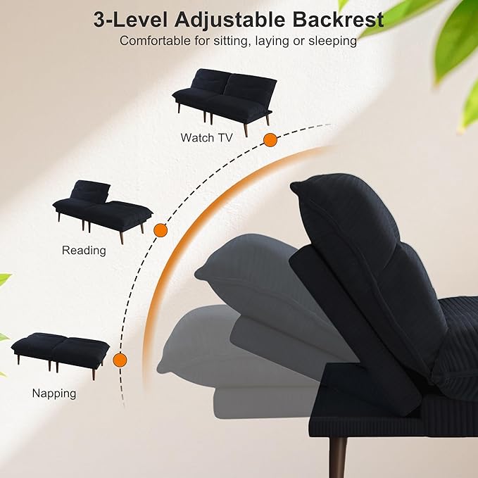 DreamDashio Futon Sofa Bed, 4 in 1 Multi-Functional Futon Couch with Adjustable Backrest, 75 inch Convertible Sleeper Sofa Bed and Recliner Lounge, Corduroy Loveseat for Living Room, Apartment, Black