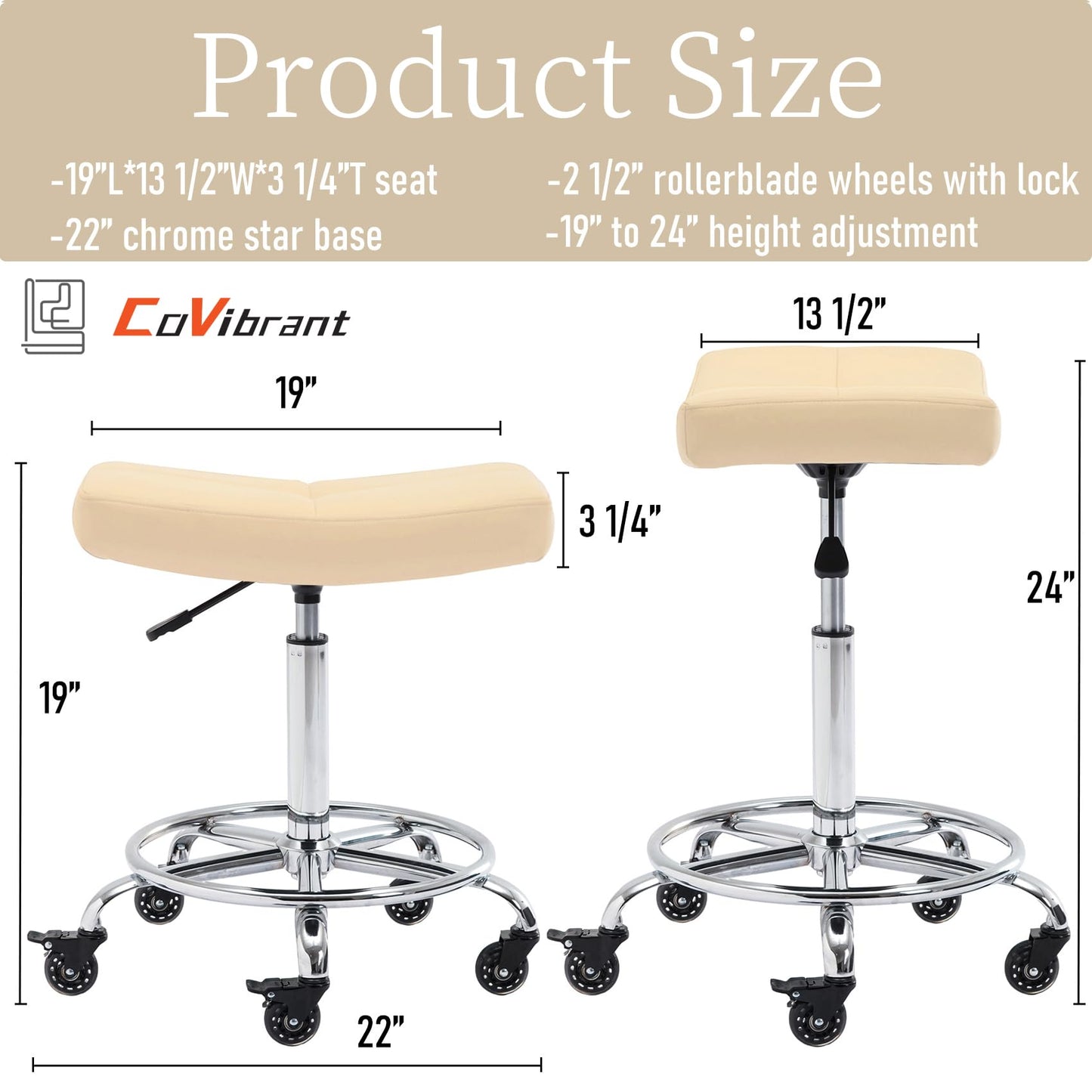 CoVibrant Heavy Duty Adjustable Rolling Stool with Wide Seat, Lockable Rubber Wheels & Footrest - Swivel Stool Chair for Kitchen, Lab, Office, Salon, Home (Cream, 19''-24'')