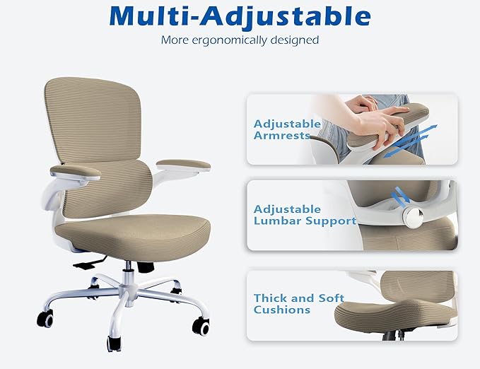 TRALT Ergonomic Office Chair - Desk Chair with Adjustable Lumbar Support Computer Chair - Mesh Comfy Chair with Flip-up Armrests - Gaming Chairs for Adults Home Office (PU Leather, Khaki)