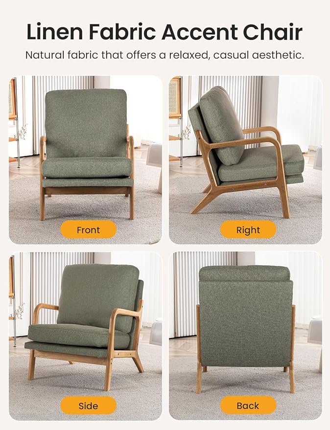 Mid Century Modern Accent Chairs for Living Room, 23” Wide Comfy Chair for Bedroom, Small Cozy Linen Reading Chairs for Adults, 108° Lounge Arm Chair Indoor with Detachable Cover, 5.5" Foam Cushion
