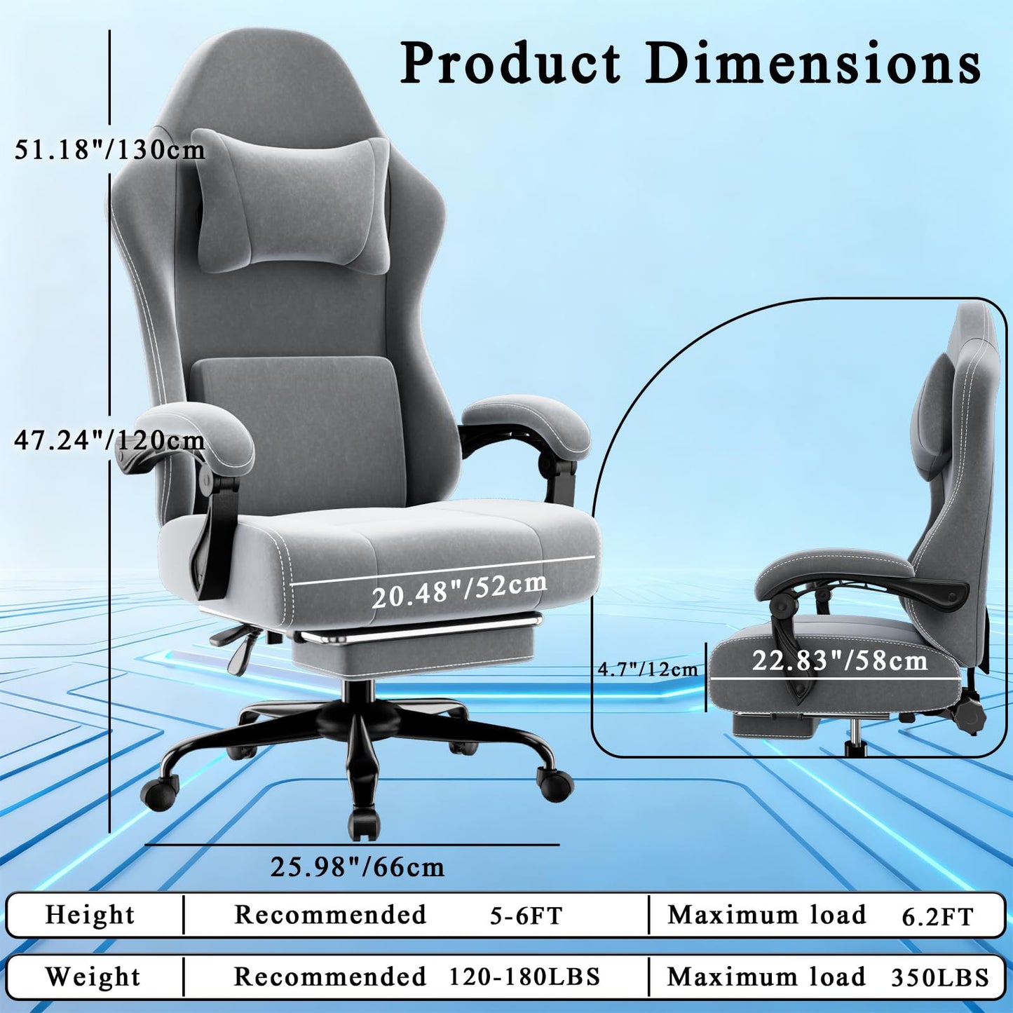 Massage Gaming Chair, Ergonomic Video Game Chair with Lumbar Support and Footrest, Height Adjustable Fabric Computer Chair with Pocket Spring Cushion (Gray)