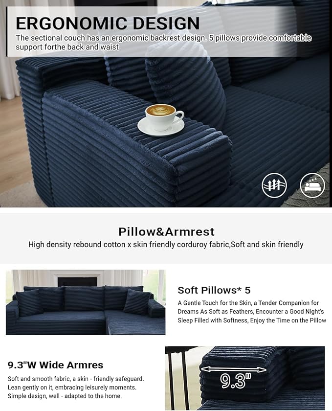 Vanress Cloud Couch Sectional, Corduroy Boneless Couch with L-Shape Chaise, Modern Modular Sectional Sofa Comfy Deep Seat for Living Room, Bedroom, No Assembly (Blue, Right Facing Chaise)