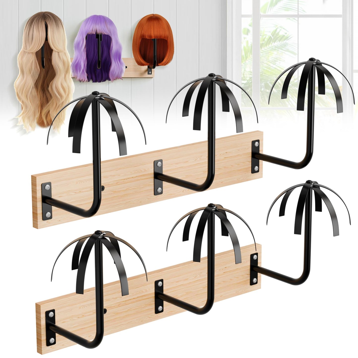 MEEMENG Wig holder for Multiple Wigs, 6 PCS Sturdy Wall - Mounted Hanging Rack for Wigs, Wig Hanger Solution for Drying, Styling