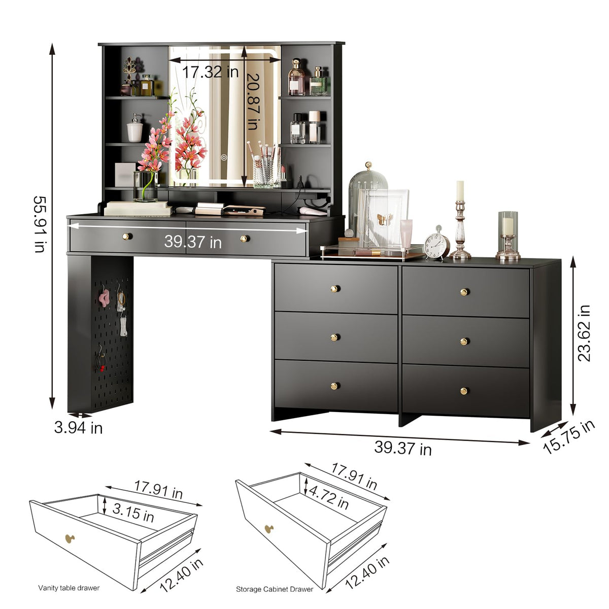 Large Makeup Vanity Desk with Mirror and Lights, Vanity Desk with 8 Drawers & Storage Shelves, Vanity Table with Power Outlet, 3 Color Modes & Adjustable Brightness Dressing Table, Bedroom,Black
