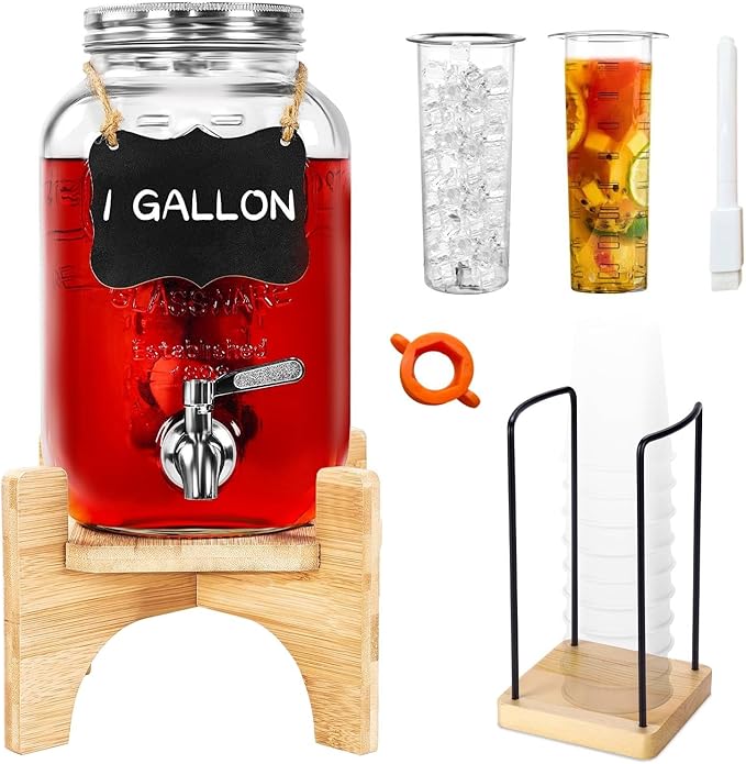 Glass Drink Dispenser with Stand, 1 Gallon Beverage Dispenser for Parties with Cup Holder, Includes Ice & Fruit Infuser, 1...