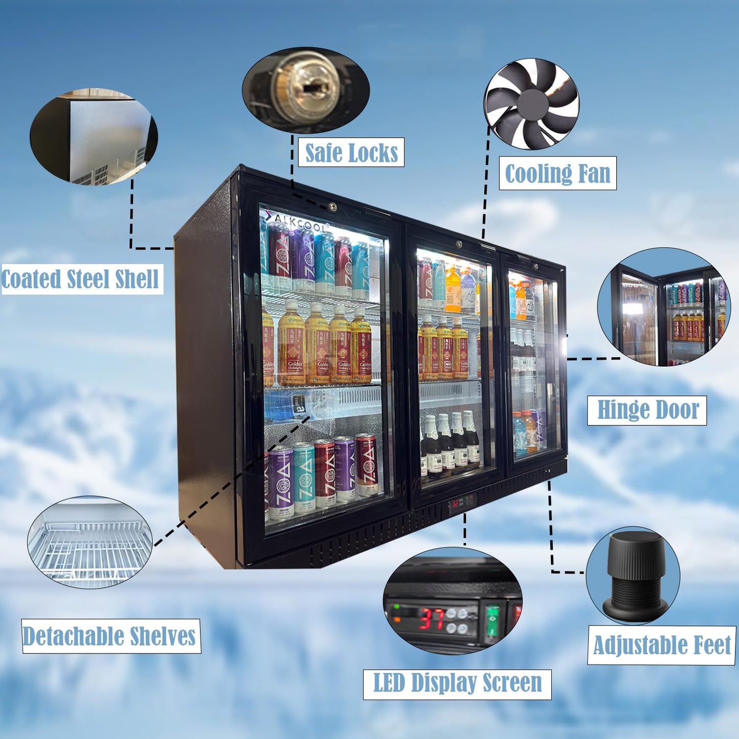 Back Bar Cooler Under Counter Beverage Refrigerator, 12.8 Cu Ft Undercounter Fridge,3 Door 5 inch Commercial Beer Built-In Cooler with LED Light Adjustable Shelves Safety Locks,ETL Approval