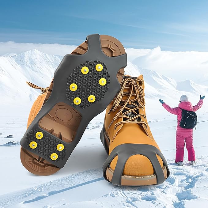 Ice Cleats for Boots & Shoes - Anti-Slip Rubber Traction Cleats for Walking, Hiking & Climbing - 10 Steel Studs Crampons f...