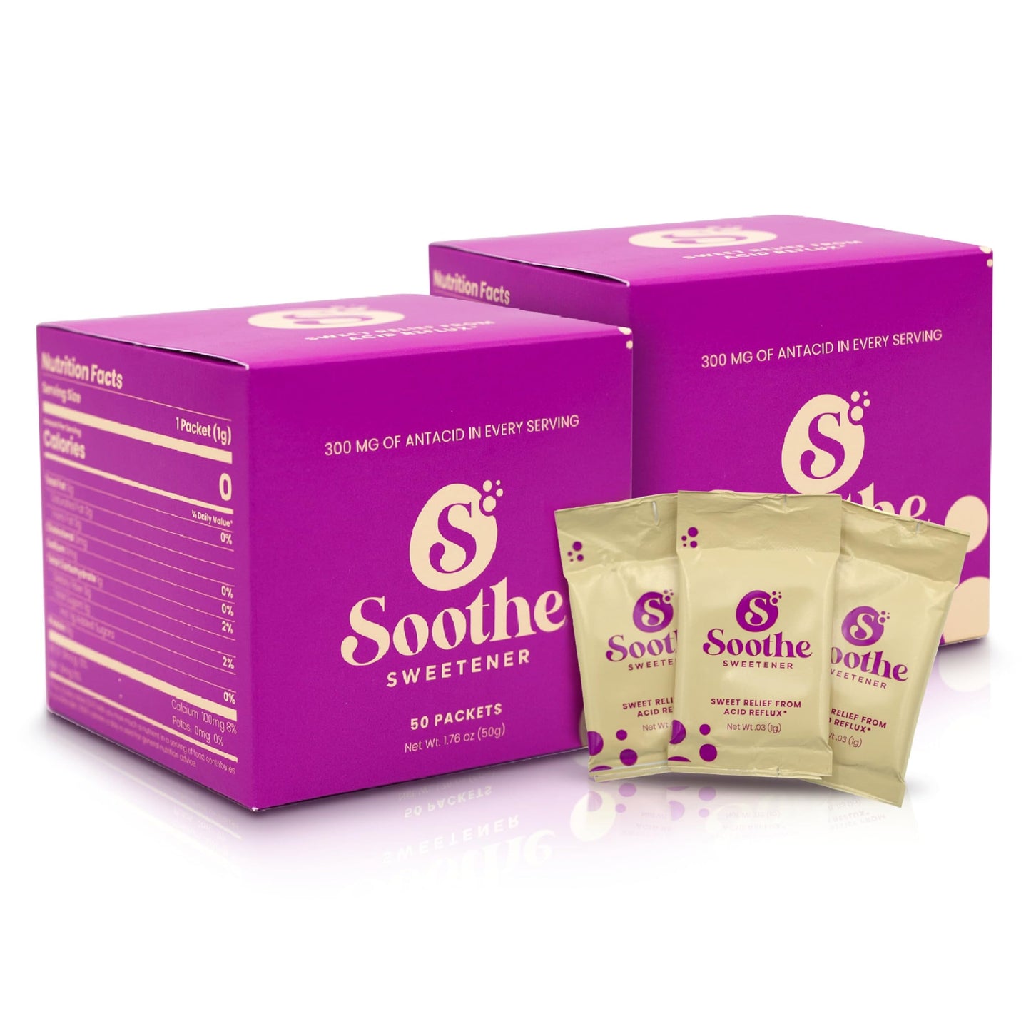 Soothe Sweetener Sweet Relief Soothe Natural Antacids for Acid Reflux - Calcium Carbonate Heartburn Relief, Zero Calorie Sweetener, Beverage Enhancer (100 Count)