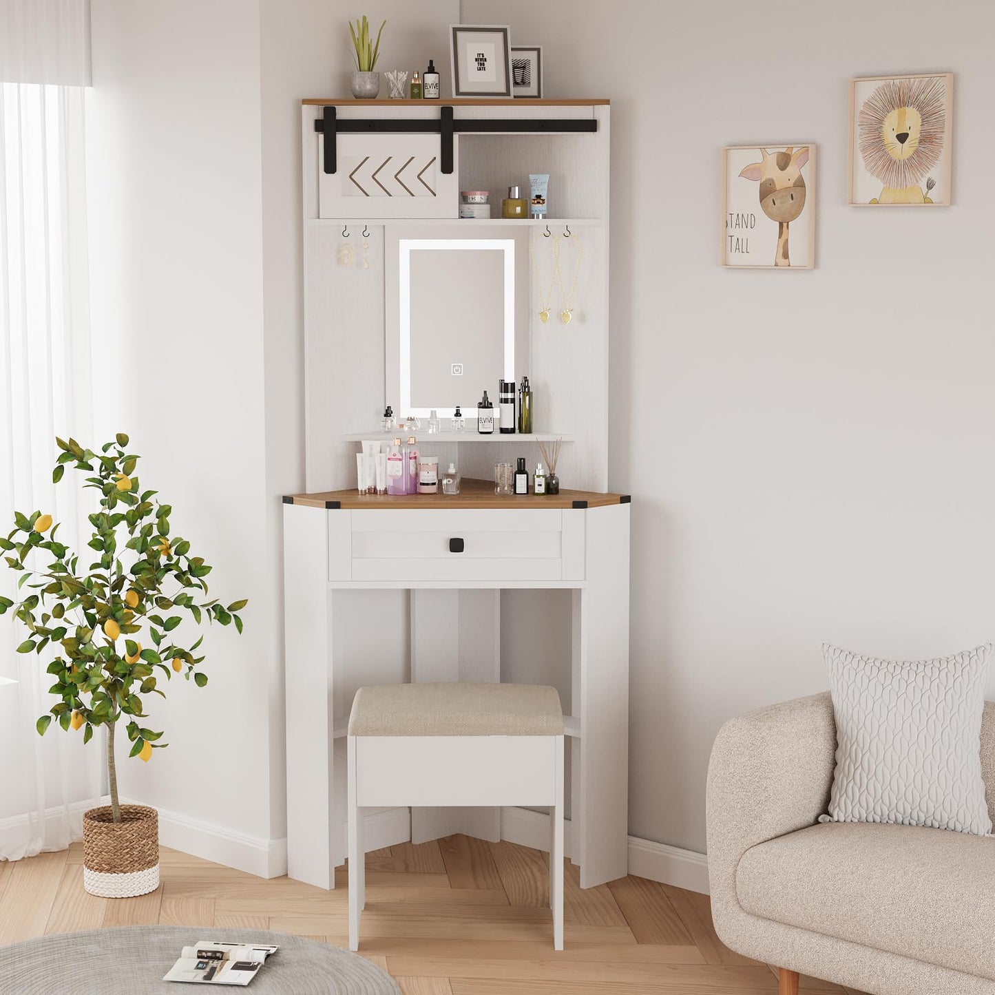 ARTETHYS Small Vanity Desk Set with Lights and Mirror Makeup Vanities with Drawers for Corner Space White Farmhouse Make up Dressing Table with Storage Stool for Bedroom