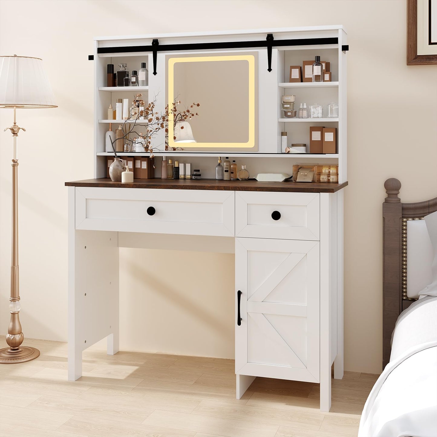 Garvee Vanity Desk with LED Lighted Mirror & Power Outlet, Makeup Table with 3 Drawers, Cabinet & Storage Stool, Dressing Table with Shelves for Bedroom, White