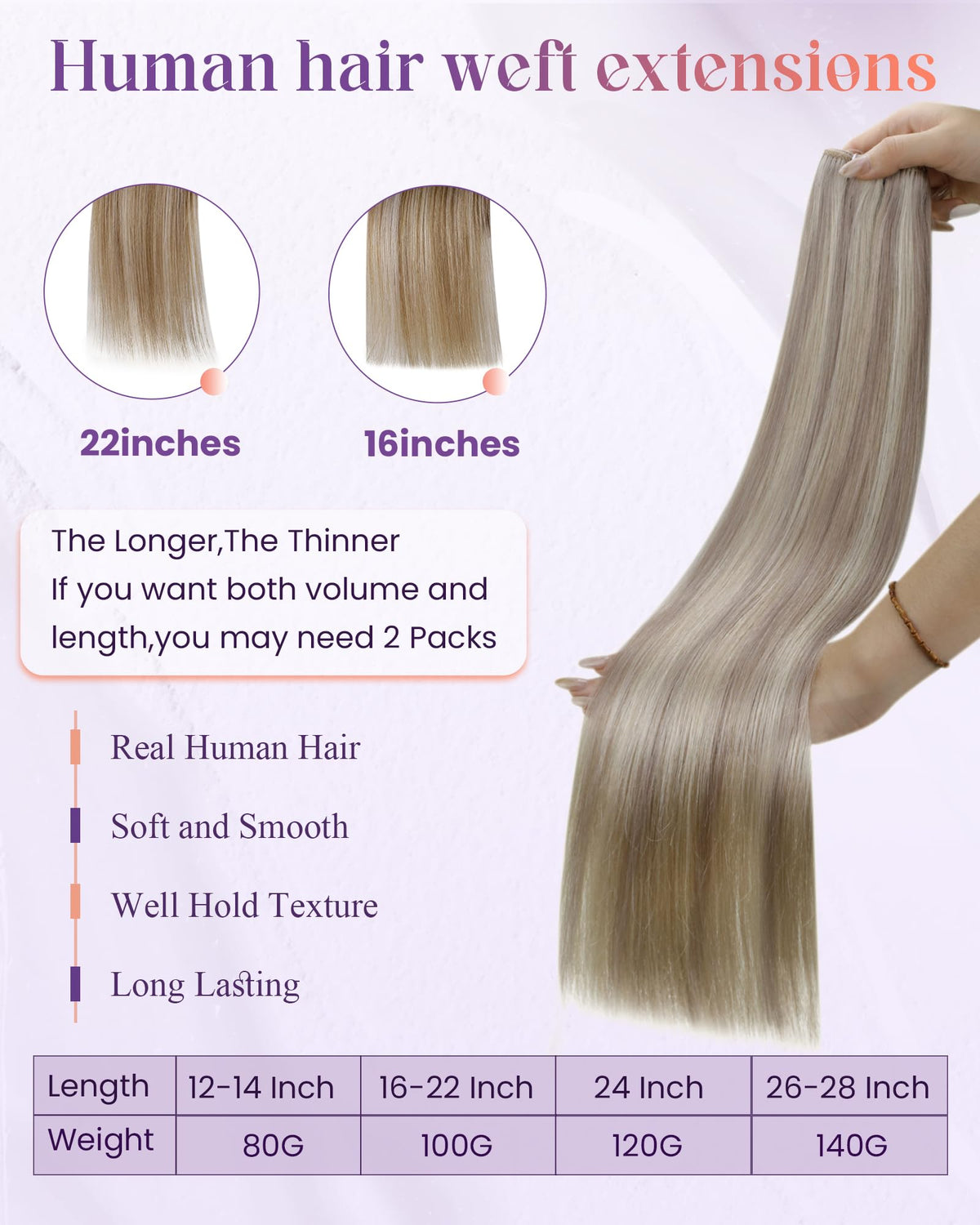 LaaVoo Sew in Hair Extensions Real Human Hair Weft Blonde Hair Extensions Weft Ash Blonde Highlighted with Bleach Blonde Hair We