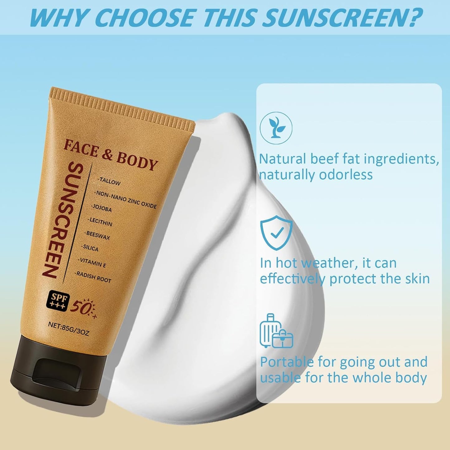 Mineral Sunscreen SPF 50+++ - Nourishing Tallow & Zinc Oxide Sunblock, Clean Non-Greasy Formula for Face and Body, Clean Formula
