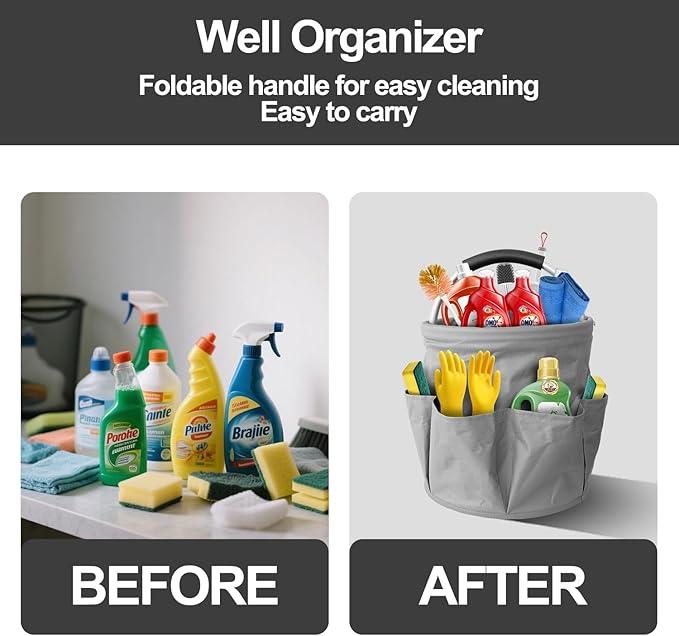 Bucket 17L Cleaning Organizer with Handle with 6 Pockets Foldable Storage Blue Portable Cleaning Bucket Bag Shower Box Home Garden Multifunctional Camping Storage Basket