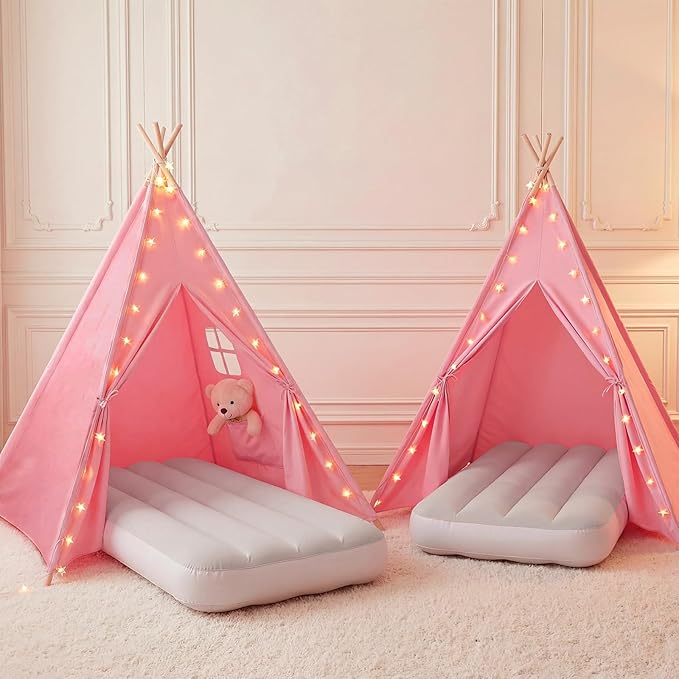 Wilwolfer Pink Sleepover Teepee Tent for Kids-2 Pack Tipi Playhouse for Kids with Lights& Flag& Inflatable Airbed -Indoor/...