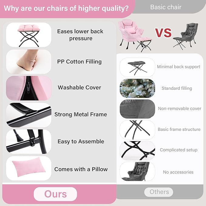 Furlide Lazy Chair with Ottoman, Modern Lounge Chair with Lumbar Pillow, Accent Cozy Reading Armchair and Folding Footstool for Bedroom, Dorm, Living Room,Pink