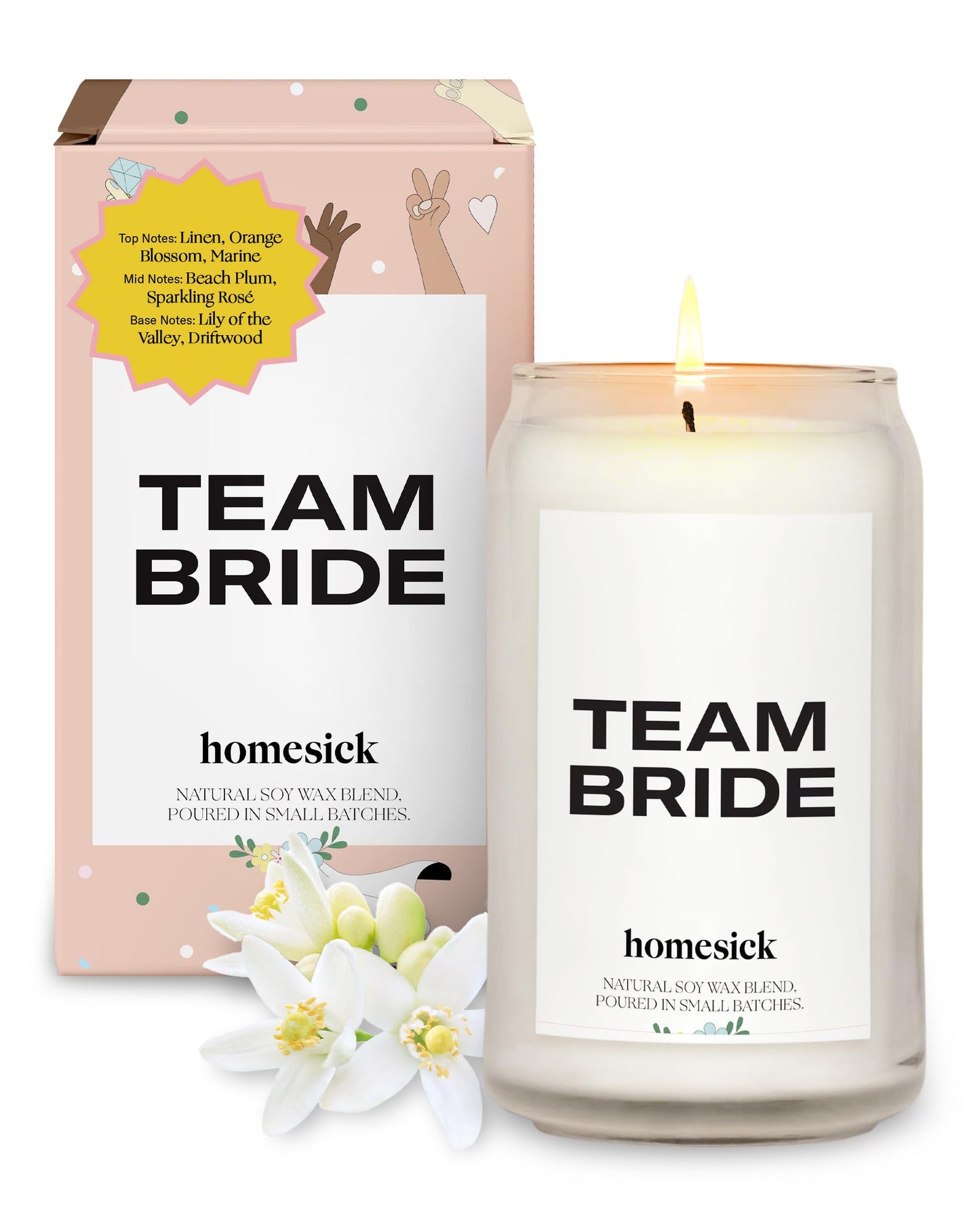 Homesick Scented Candles for Home (Team Bride) - 13.75 oz Long-Lasting Natural Soy Wax Blend Jar Candle Gifts for Women & Men, 60-80 Hours Burn Time - Notes of Linen, Beach Plum & Lily of The Valley
