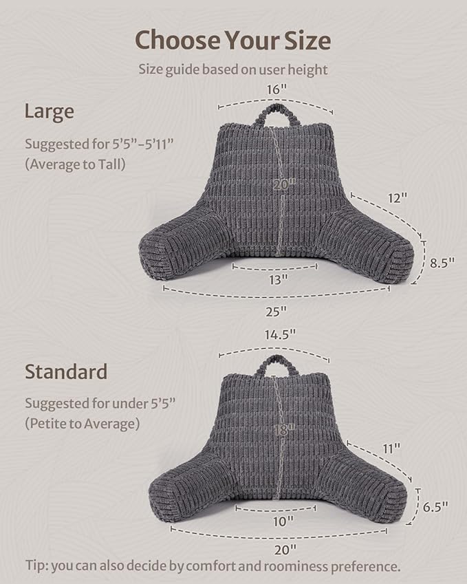 Blissful Diary Reading Pillow, Large Backrest Pillow with Shredded Memory Foam for Adult & Children, Designed for Bed and Couch Sitting Up, Includes Arms, Pockets and Washable Cover, Dark Gray