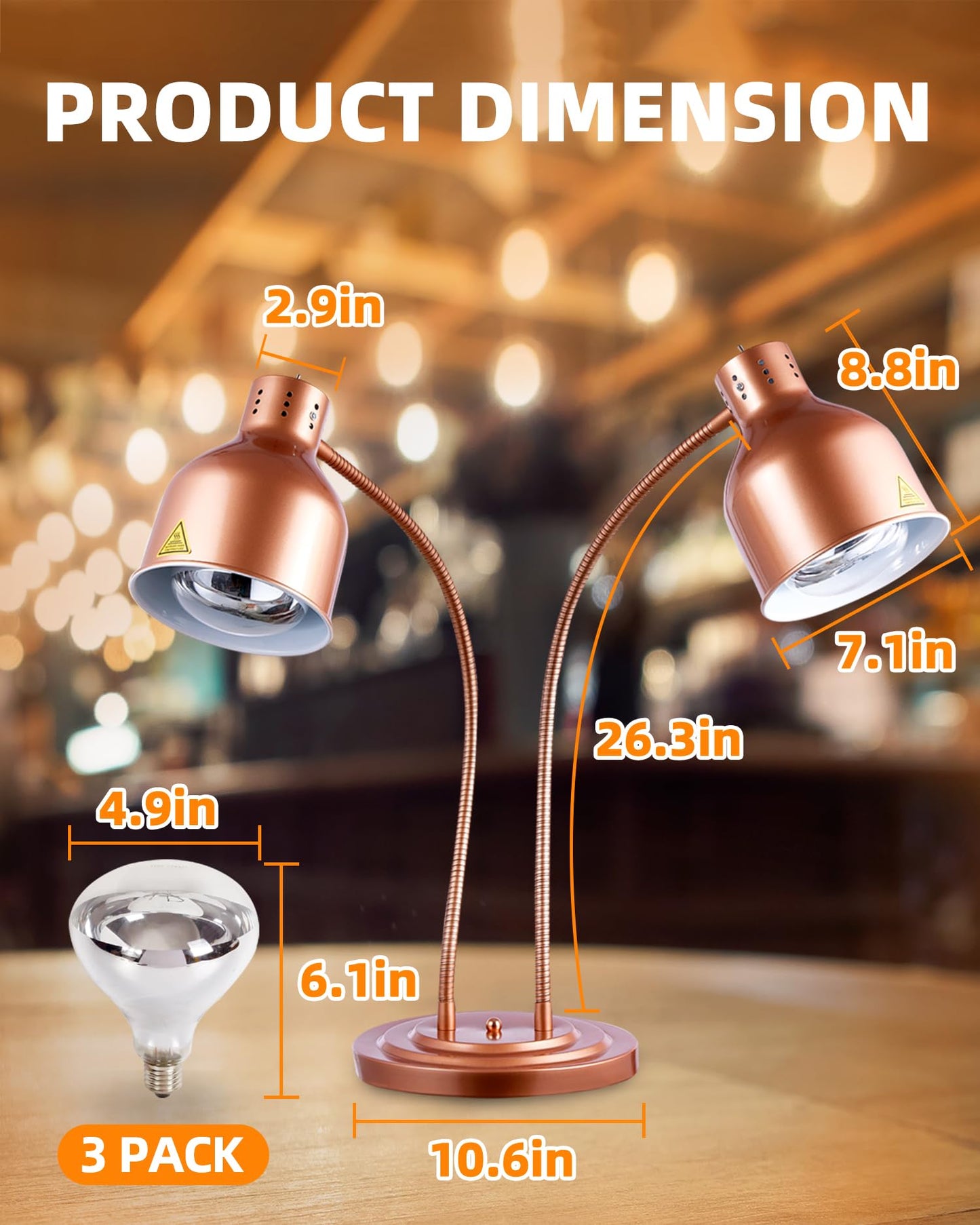 Food Heat Lamp: [Rapid-Heating Bulbs Included] [Steady Heating] Commercial Food Warmer Lamp, Electric Heat Lamp for Food Catering Food Warming Lamp for Buffet Parties (Painted Copper, 32" (2-Head))