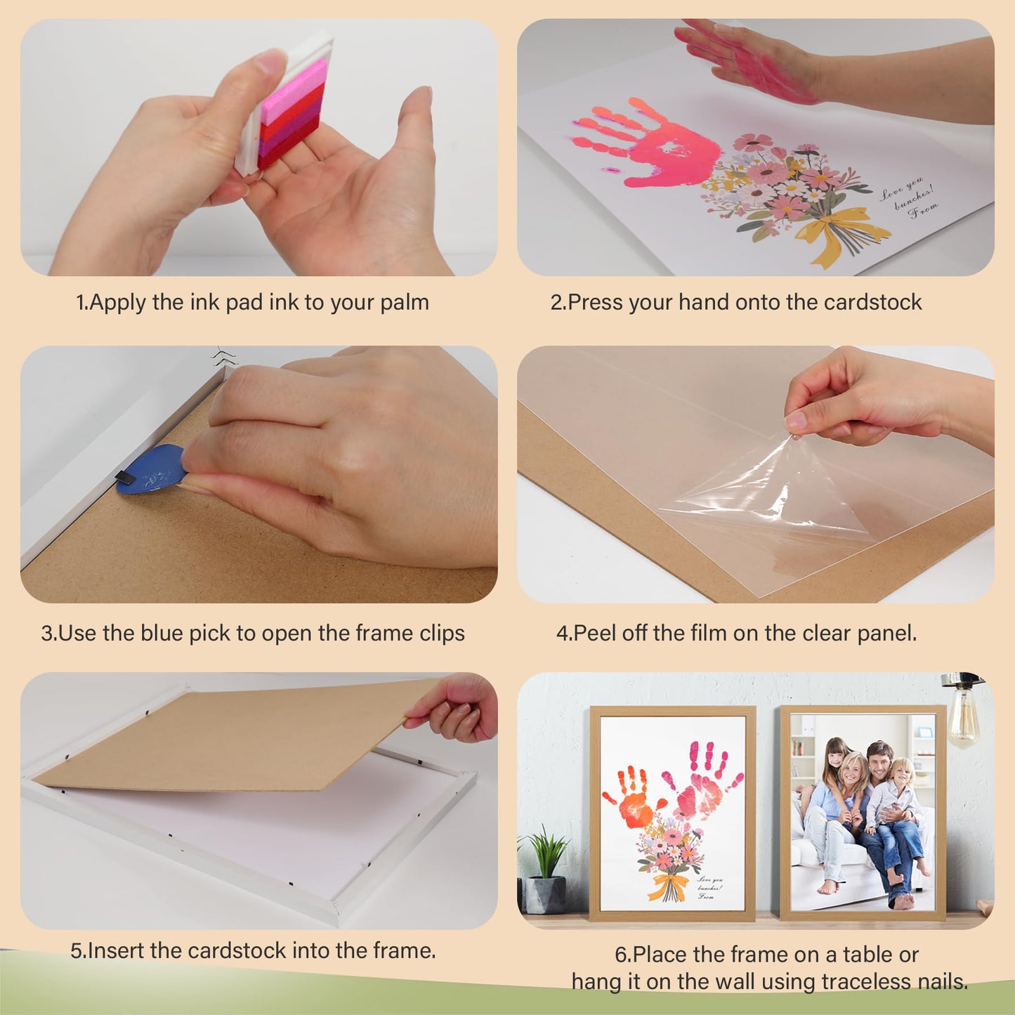 Bixinyo Flower Bouquet Handprint Kit, Mother's Day Gifts for Grandma, Mom, Grandparents from Daughter/Kids, Unique Gifts for Birthday Christmas, DIY Art Craft 12" X 16" Frame (Bow, Brown)