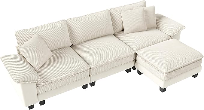 MIXPATIO 123-Inch L Shaped Sectional Sofa with Cloud Cushions, Deep Seat Modular Couch Set w/ 4 Seats & 1 Ottomans, Plush Chenille & Corduroy Upholstery for Living Room, Apartment - Beige