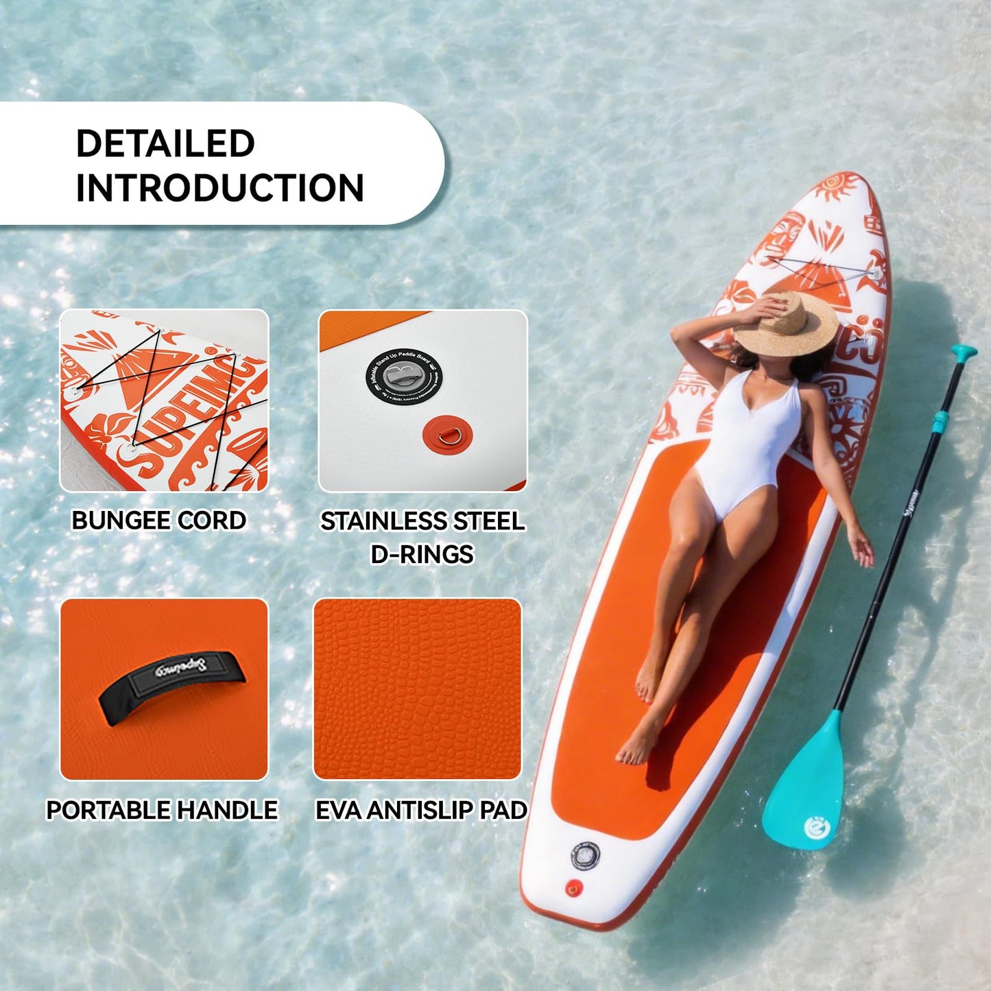 SUPEIMCO 11' Inflatable Stand Up Paddle Board - Upgraded Hot Melt Tech, Anti-Slip EVA Deck, Full Accessories for All Skill Levels (Adults & Youth) (Tribal Sunburst Orange)