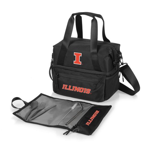 PICNIC TIME NCAA Illinois Fighting Illini Tarana Lunch Bag Cooler with Utensils Made from Recycled Material, Lunch Box with Picnic Set, Upcycled Lunch Cooler Bag, (Carbon Black)