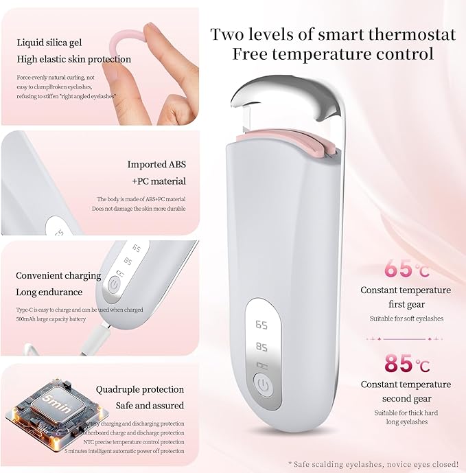 Heated Eyelash Curler for Natural Lashes 2-Level Adjustable Temperature Mini Electric Lash Curler Fast 3-Second Heat Up 24 Hours Long-Lasting Curl