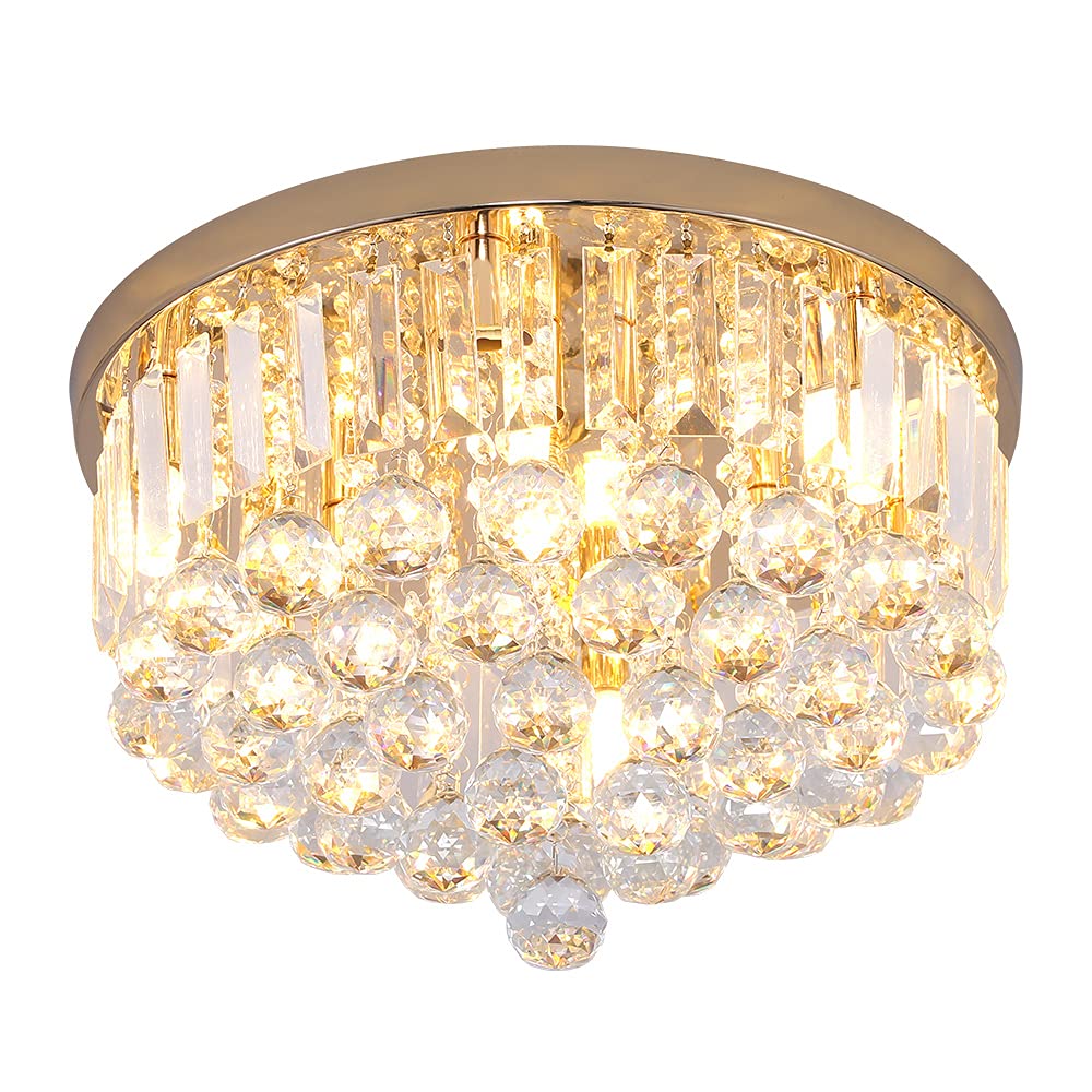 Gopmmy Mini Crystal Chandelier Ceiling Light,Flush Mount Modern Round K9 Crystal Raindrop Ceiling Lighting Fixture for Dining Room Bedroom Hallway Height 11''x Width 16''(French Gold)
