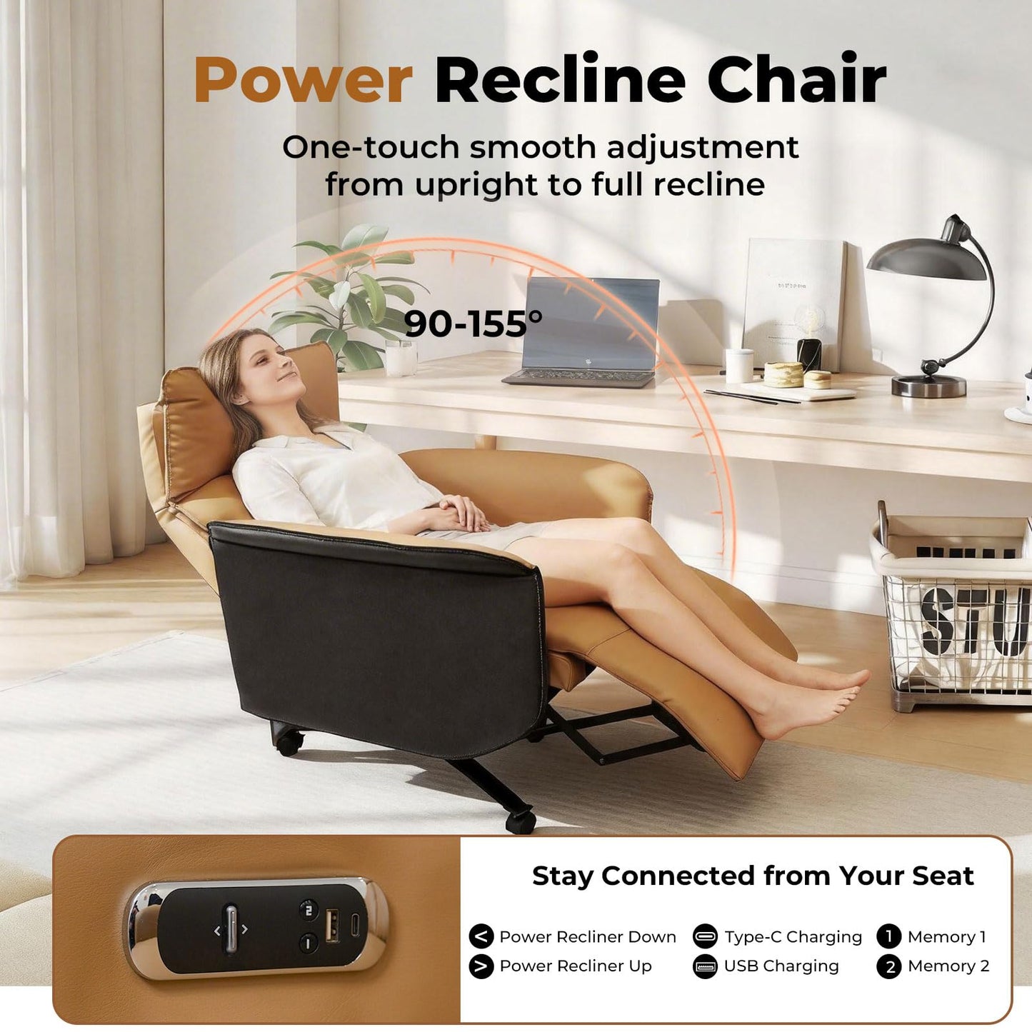 Liftsync Big and Tall Executive Recliner, Adjustable Electric Office Chair 90-155° with Footrest, 4-Position Headrest, 300LBS Heavy Duty, 2-in-1 Base Swivel Desk Chair w/USB, Brown & Black PU Leather