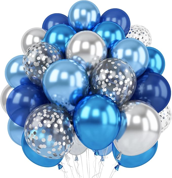 Blue Silver Balloons Set, 12 Inch Blue and Silver Balloons Dark Navy and Confetti Party Latex Balloon, Macaron Metallic Ba...