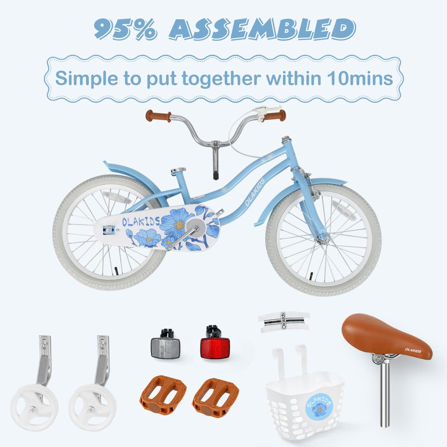 Olakids Kids Bike, 12 14 16 18 Inch Toddlers Bike with Training Wheels Basket Safety Bell Adjustable Seat Handlebar, Handbrake and Coaster Brake, Children's Bicycle for Girls Boys