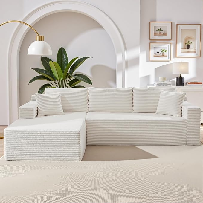 105 Inch Modular Sectional Sofa,Modern Cloud Sectional Couch with Deep Seat,Corduroy Boneless Couches with L-Shape Chaise for Living Room Bedroom,No Assembly Required (White, Left Facing Chaise)