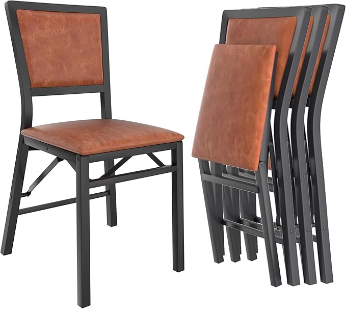 VECELO Folding Chairs Set of 4 with Cushion, Foldable Padded Seats with Heavy Duty Metal Frame for Kitchen/Dining/Living R...