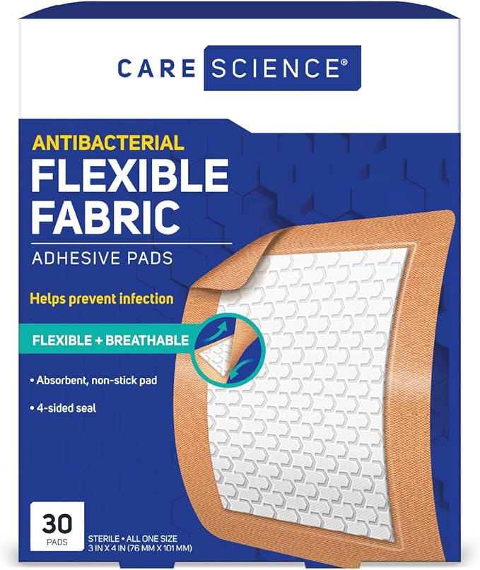 Care Science Fabric Adhesive Pad Bandages, 3x4 inches Extra Large Flexible Non-Stick Strip, Helps Prevent Infection, Breat...