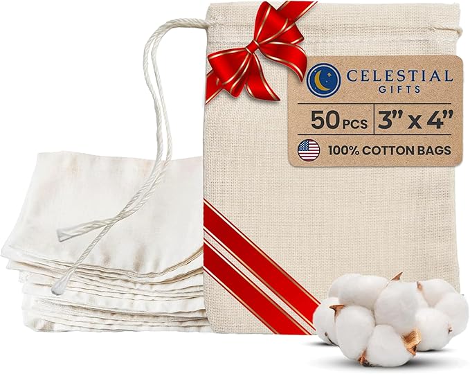 Celestial Gifts Muslin Bags - Drawstring - Small 50pcs - 3x4, Reusable Tea Bags, Jewelry Gift, Spice and Cotton Gift Sachet - 100% Cotton - Made in USA - (Natural Hem & Drawstring)