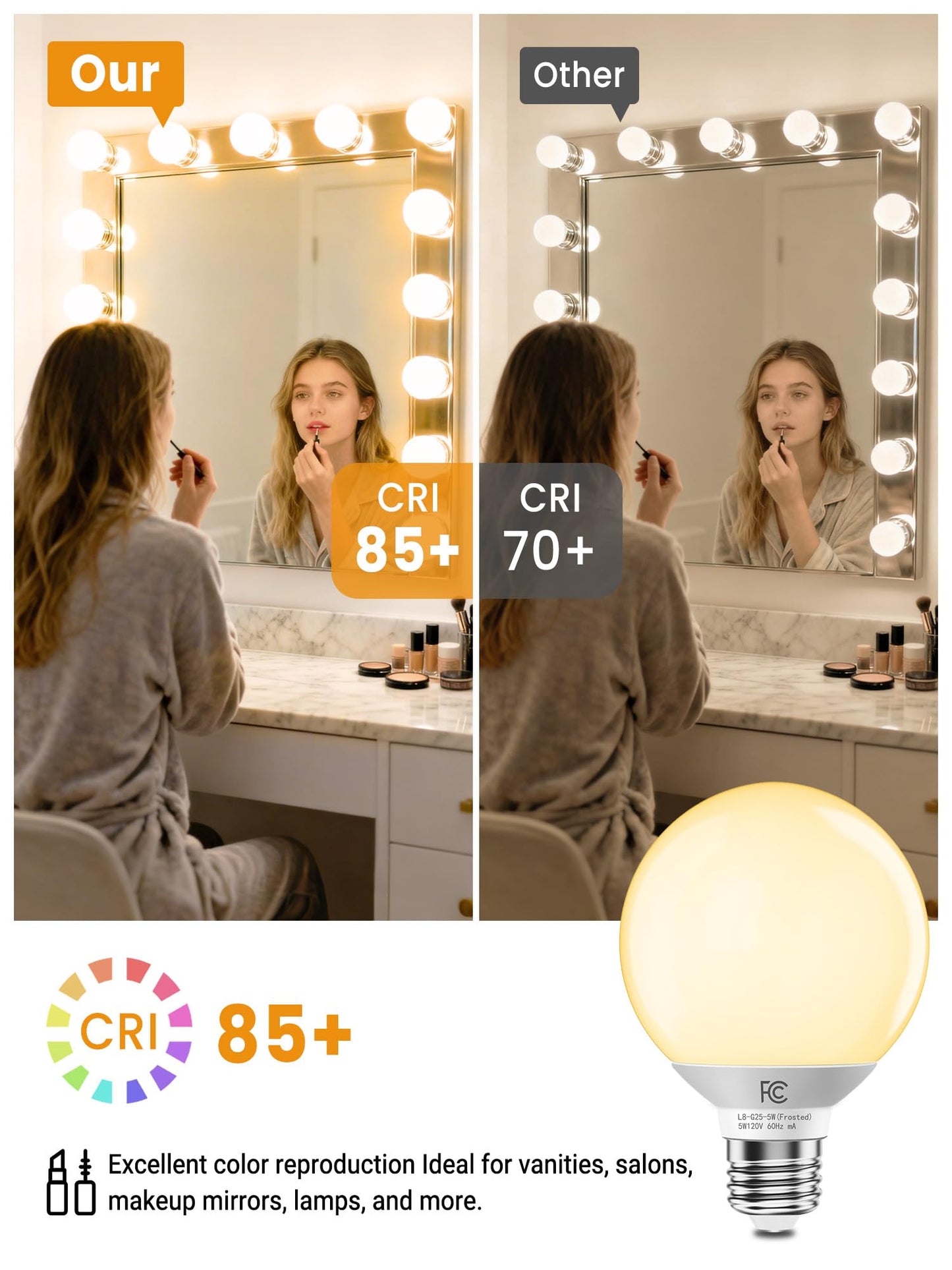 TJOY G25 LED Globe Light Bulbs, Vanity Light Bulb for Bathroom 40W Equivalent, 2700K Soft Warm White E26 Base, Round Decorative Bulb for Vanity Makeup Mirror, CRI85+, 450LM, Non-Dimmable, UL, 4 Pack