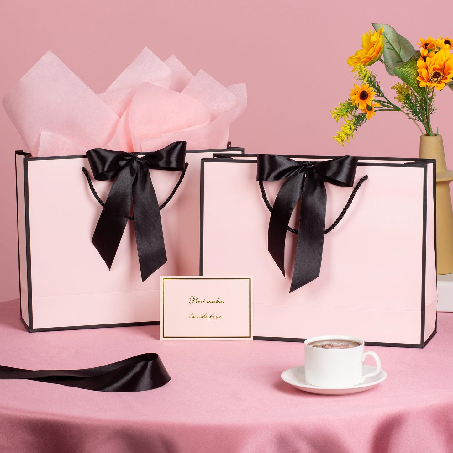 PASEOTA 12.6" Gift Bags Medium Size Set of 10 - Includes Tissue Paper, Cards & Ribbons, Luxury Gift Bags with Handles for Holiday Wedding Birthday (12.6" x 9.8" x 3.9", Pink Black)