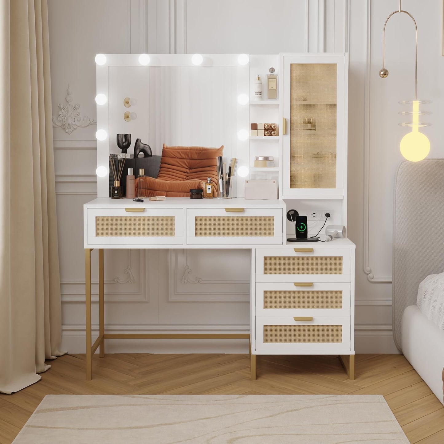 Garvee Rattan Vanity Desk with 12 LED Lights & Charging Station, Makeup Vanity Table with 5 Drawers and 8 Storage Shelves, 3 Lighting Modes Dressing Table with Power Outlet, White Gold
