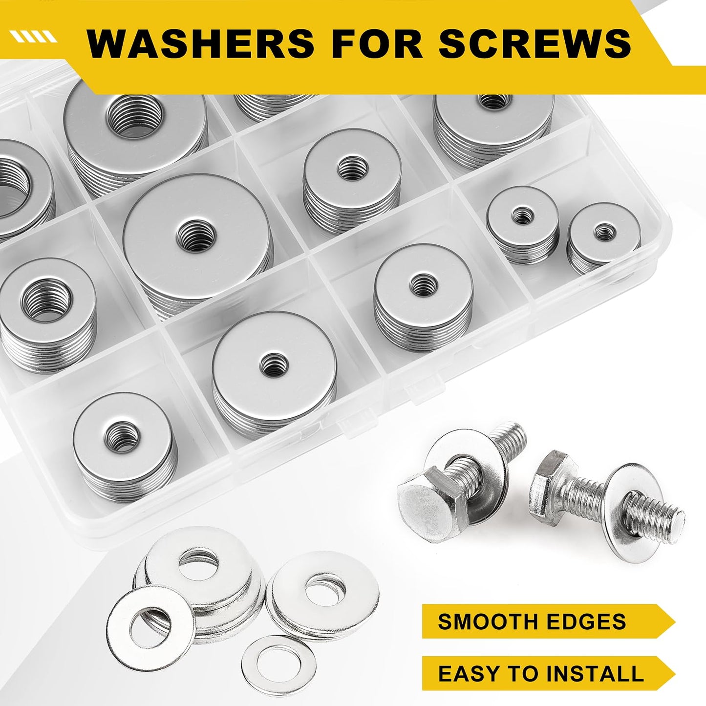 WIESVOP 108Pcs 304 Stainless Steel Flat Washers, Fender Washers Assortment Kit 12 Sizes (M3-M12) Metal Washers for Screws Bolts Large and Small Hardware for Various Home Industrial Automotive