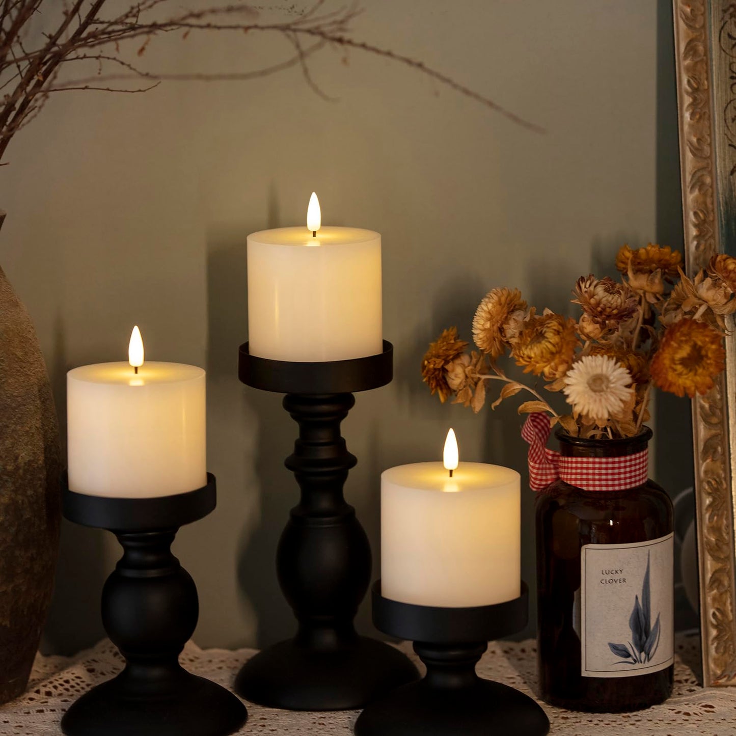 volnyus White Flameless Candles Set of 3 (3x3 inch) Real Wax Flickering LED Candles Battery Operated with Remote Control Timers for Fireplace Bedroom Livingroom Party Dimmable Pillars Flat top