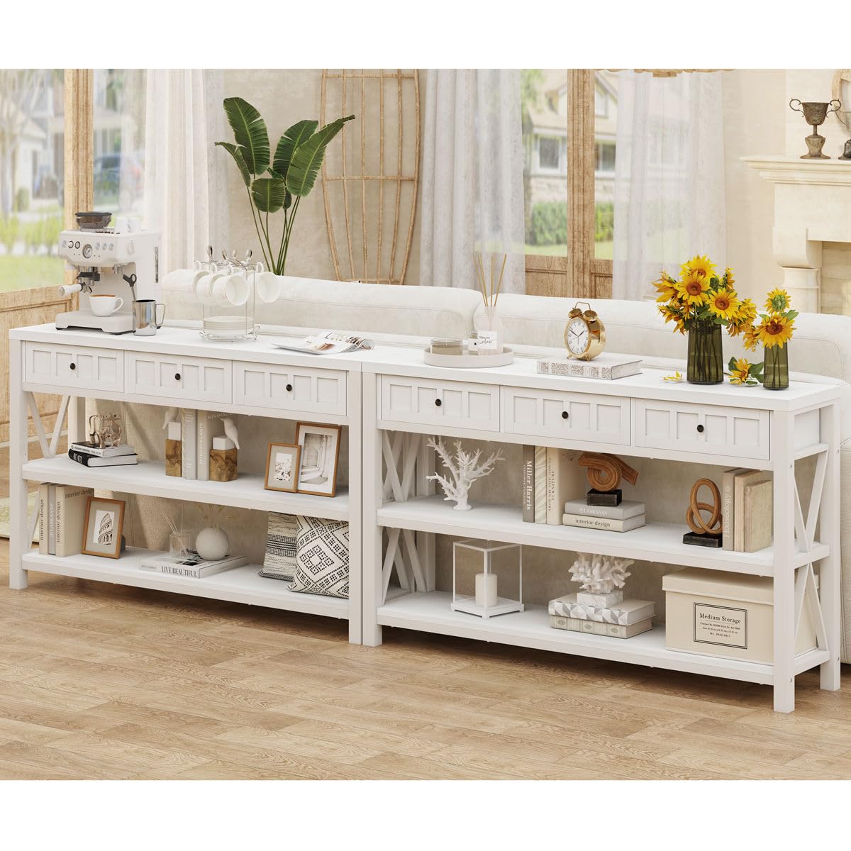 FATORRI Console Table for Entryway, Wood and Metal Sofa Table with 3 Drawers for Living Room, Farmhouse Hallway Tables and Modern Couch Tables Behind Sofa (54.72 Inch Long, White Oak)