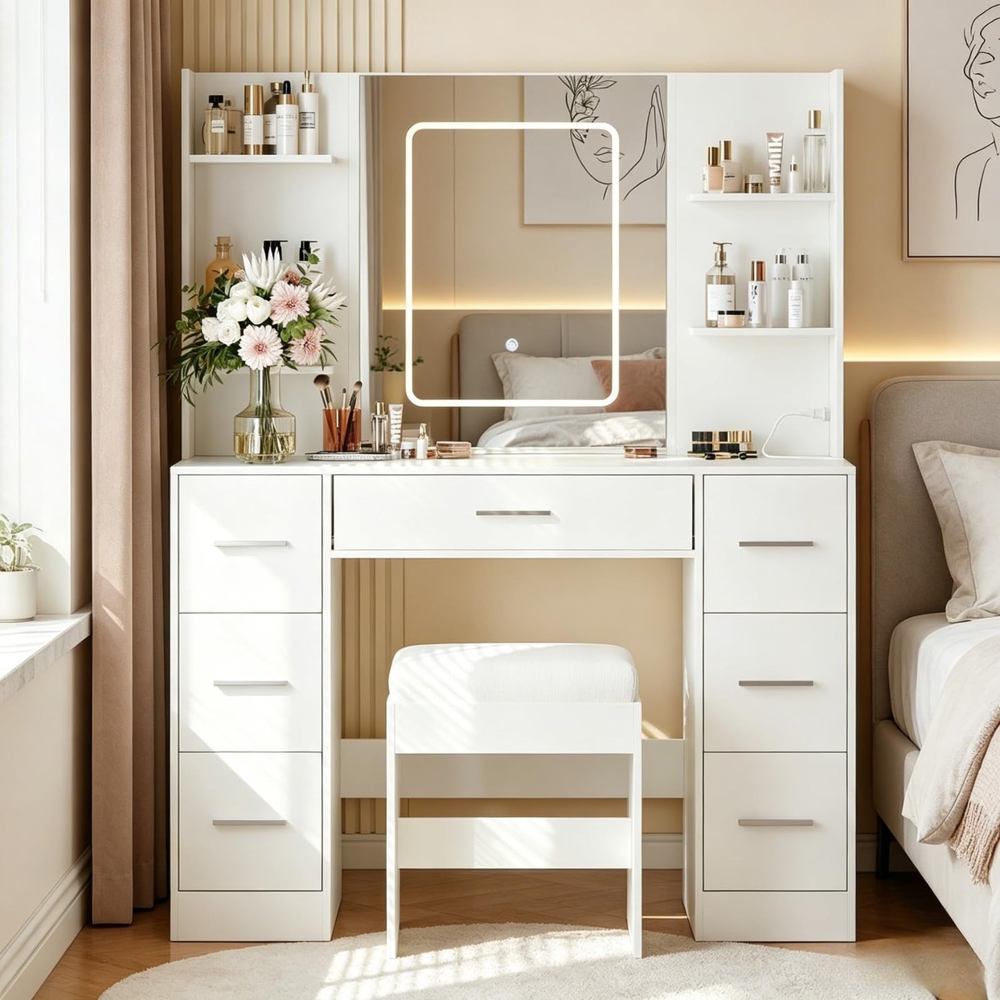 Garvee Makeup Vanity with Mirror and Chair, Power Outlet, Hairdryer Holder, 7 Drawers, 3 Lighting Modes Brightness Adjustable Dressing Table for Bedroom (White)