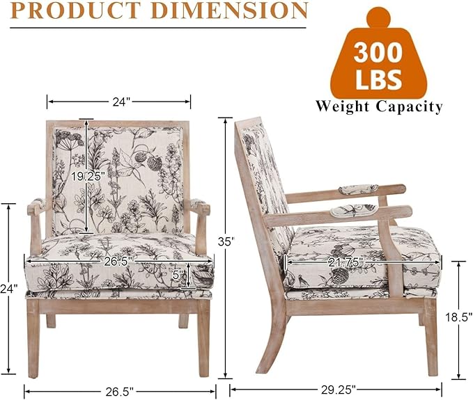 DM Furniture Floral Accent Chair Mid-Century Modern Living Room Chairs Upholstered Fabric Reading Chair Lounge Armchair with Solid Wood Frame & Removable Cushion for Bedroom, Balcony, Floral Pattern