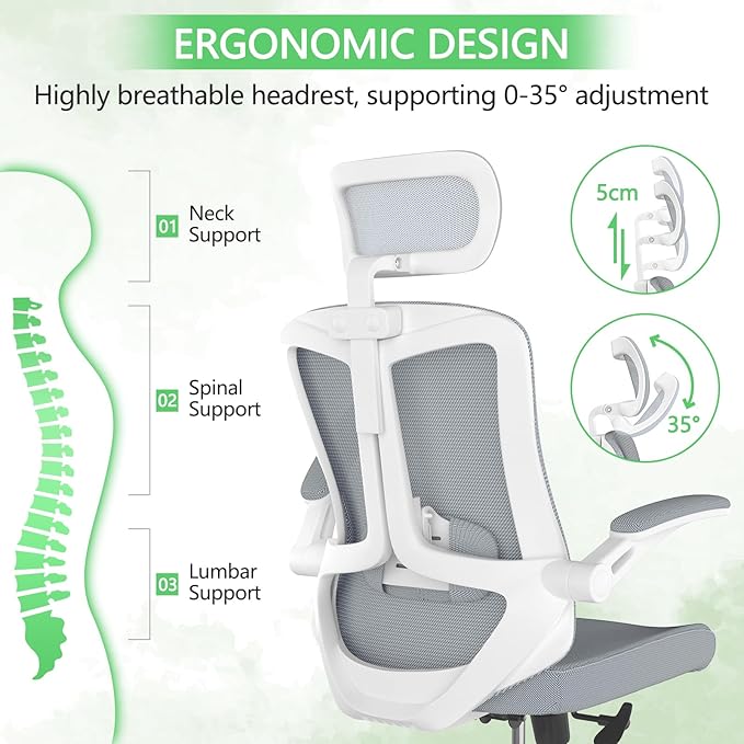 balmstar Office Chair,Ergonomic Comfy Home Desk Chair with 350LBS Capacity,High Back Gaming Chair with Wheels,Mesh Computer Chair,Lumbar Support, Adjustable Headrest,Flip-up Armrest (A-gray + White-1)