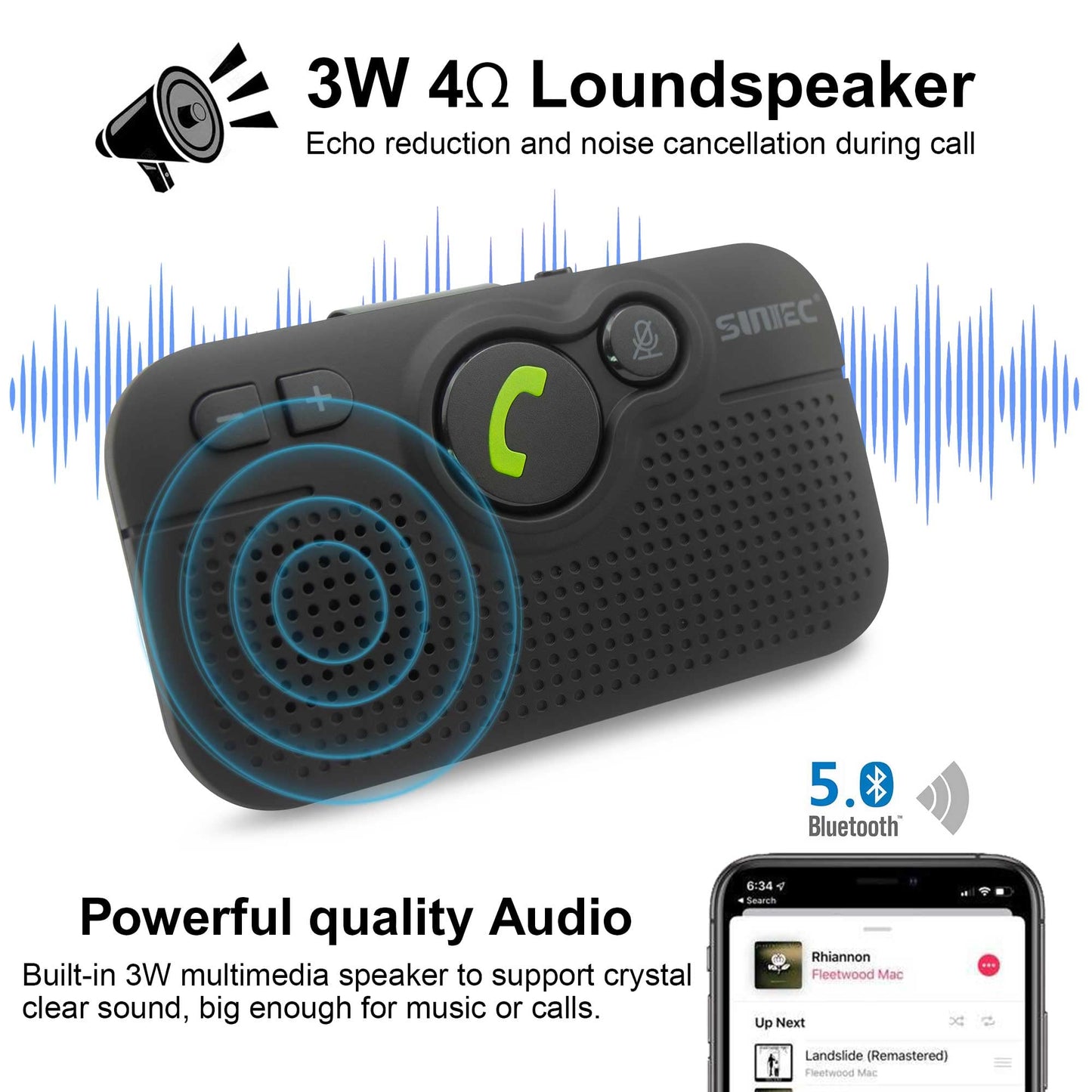 SUNITEC Bluetooth Car Speaker for Cell Phone, Handsfree Bluetooth Car Kit Motion AUTO ON Off Support Siri Voice Assistant Handsfree Speakerphone with Visor Clip - BC980P